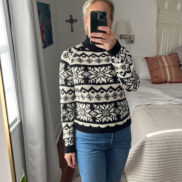 Ann‎ Taylor Sweater Womens Small Black White Fair Isle Mock Neck - Picture 1 of 7